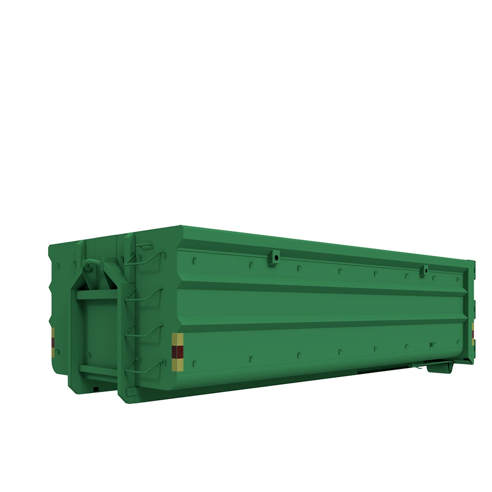 Grön 22m3 Allroundcontainer, visad från en vinklad position.