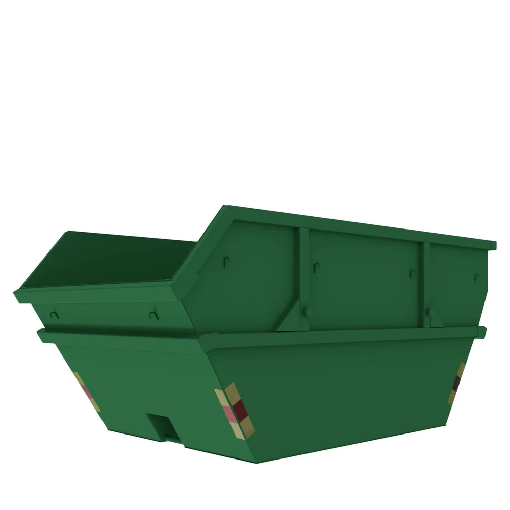 10m3 Öppen Liftdumpercontainer i grön färg, snett perspektiv.