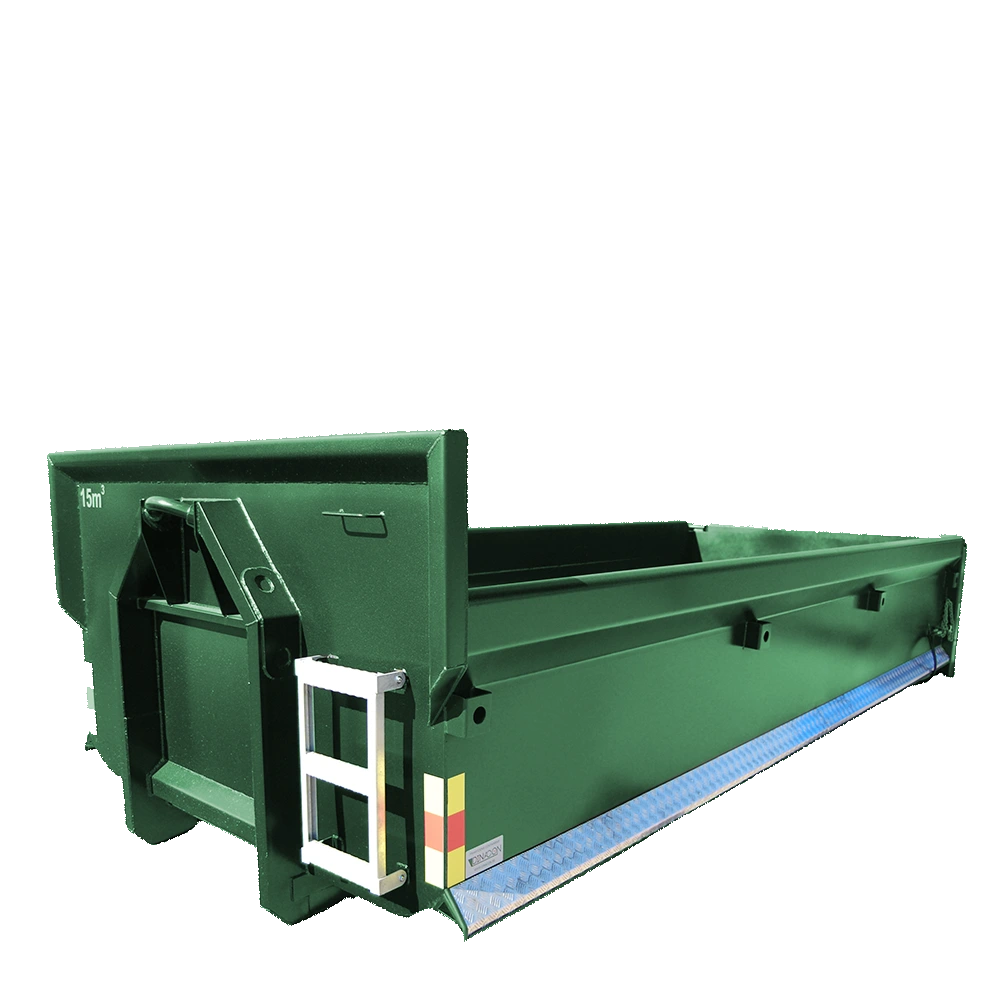 15m3 Schaktflak i grön färg, visar sidevyn av containern.