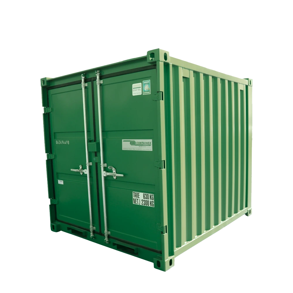 Grön förrådscontainer 8m3 med dubbeldörrar och lås.