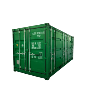 Grön fraktbehållare med DC-ISO-20 märkning och specifikationer.