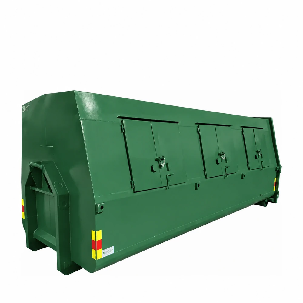 Grönt täckt lastväxlarflak DC-20T, 20 m³, sett snett framifrån.